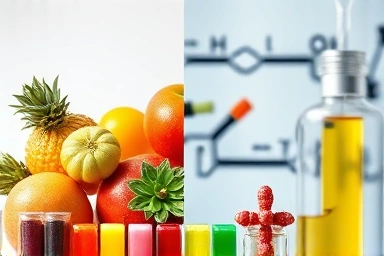 Natural vs synthetic vitamins comparison, fruits, lab equipment