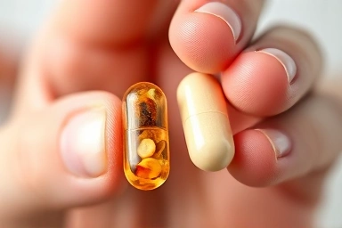Vitamin capsule with natural and synthetic halves, health supplement