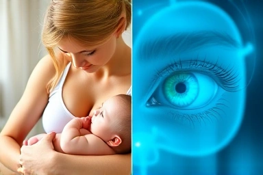 Mother breastfeeding baby, abstract brain and eye development.