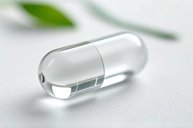 High purity omega-3 capsule, soft focus background.