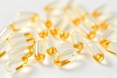 Transparent omega-3 capsules on white surface, emphasizing purity.
