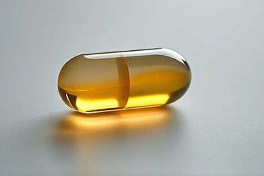 Clear omega-3 capsule with golden liquid, promoting health.