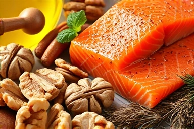 Healthy foods rich in Omega-3, Omega-6, and Omega-9 fatty acids.