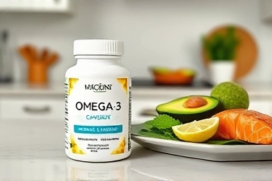 Omega-3 supplement bottle with healthy meal.