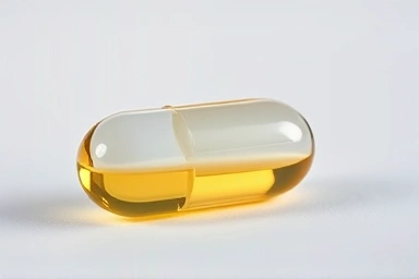 Clear omega-3 capsule showing golden oil, pristine background.