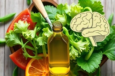 Perilla oil bottle with salad and brain illustration