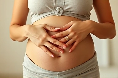 Healthy pregnant woman holding belly, symbolizing well-being