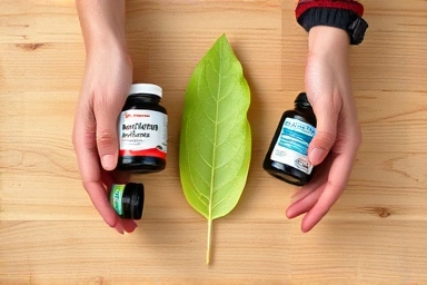 Hands arranging probiotics, red yeast rice, and herbal supplements.
