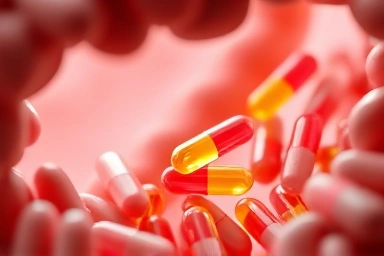 Abstract visualization of probiotic capsules in the digestive system.