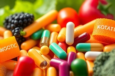 Probiotic capsules with fruits and vegetables, representing gut health.
