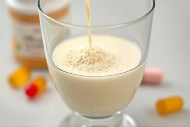 Probiotic powder mixing into water, with capsule and gummy.