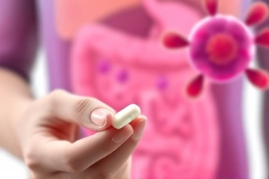 Hand holding probiotic capsule, symbolizing gut health and intake.
