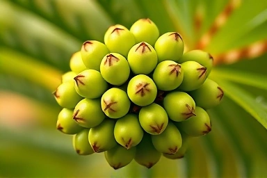 Saw palmetto berries, natural supplement ingredient, vibrant green cluster.