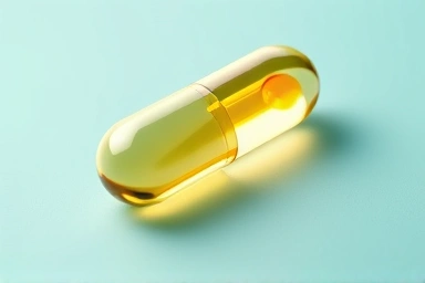 Transparent omega-3 softgel capsule with golden liquid, representing purity.