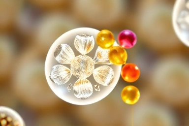 Close-up of essential vitamins and minerals being absorbed by healthy cells.