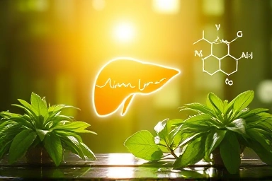 Healthy liver symbol with herbs and amino acid representations.