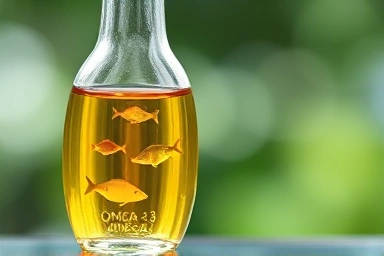 Concentrated omega-3 liquid with symbolic fish illustration.