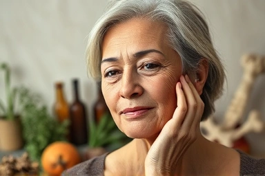 Woman experiencing menopause relief, natural herbal remedy for bone health