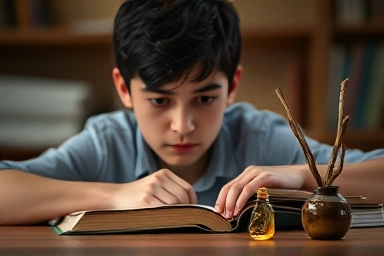 Student studying with ginseng ampoule for focus and energy.