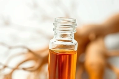 Close-up of a ginseng ampoule with ginseng roots.