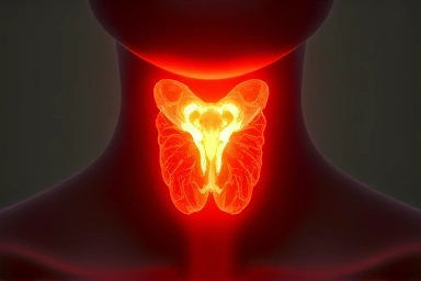 Healthy thyroid gland with selenium and iodine symbols, representing balance.
