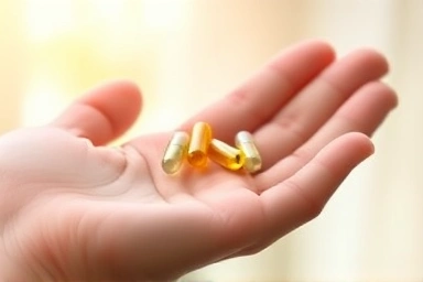 Hand holding thyroid support supplements, symbolizing personalized health.