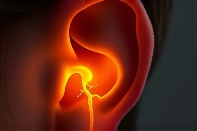 Symbolic ear with light flowing to auditory nerve.