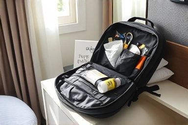 Traveler's backpack with probiotics, prepared for a healthy trip.