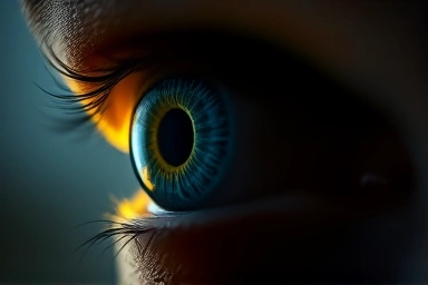 Eye transitioning from dark to light, vitamin A molecule symbolism