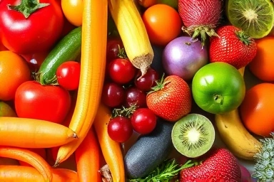 Colorful array of fresh fruits and vegetables.