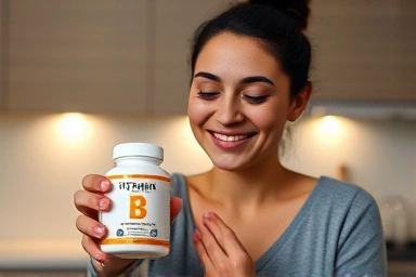 Relieved person with vitamin B supplement, comfortable and healthy.