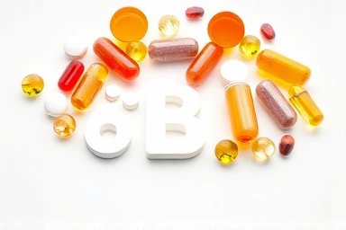 Assortment of vitamin B supplements, healthy nutrition, and wellness.