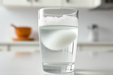 Vitamin C powder dissolving in water, healthy supplement.