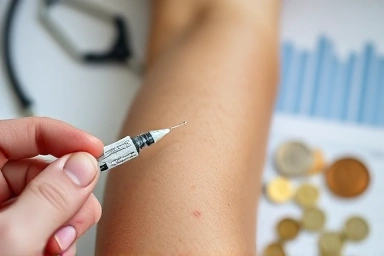 Close-up of arm receiving injection with medical and financial symbols.