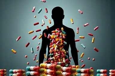 Overwhelmed by vitamins, human silhouette dissolving into pills.