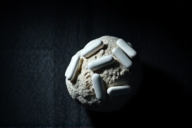 Kidney stone formed from colorful vitamin pills, symbolizing overdose.