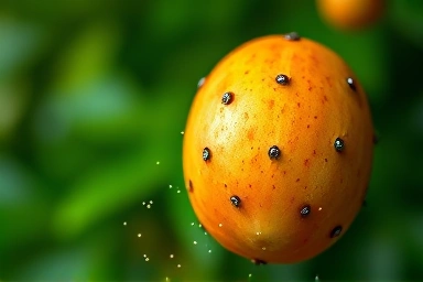 Wild mango seed emitting glowing particles, symbolizing health benefits.