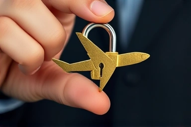 Golden key unlocking an airplane silhouette, symbolizing aircraft loan access.