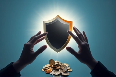Shield protecting money from threats, symbolizing financial security.