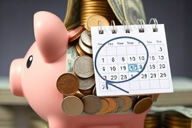 Piggy bank and calendar symbolizing automated savings after payday.