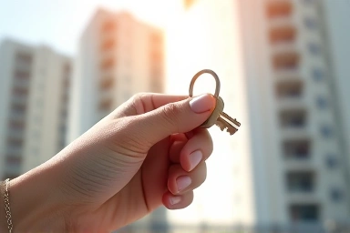 Hand unlocking business blueprint with apartment overlay.