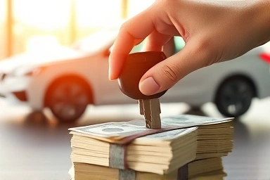 Car key on cash, symbolic of loan.