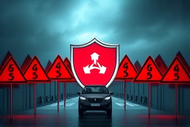 Insurance shield protecting car from risk symbols.