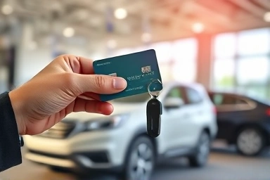Hand holding credit card and car key with new car.