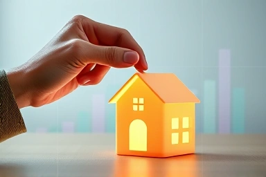 Parent's hand depositing money into a house-shaped piggy bank.