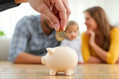 Piggy bank with stock chart, family financial security, smart savings