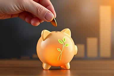 Money tree growing from a coin in a piggy bank.