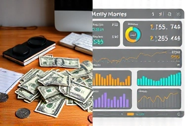 Desk with loose change transforming into a digital financial dashboard.