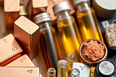 Close-up of diverse raw materials: copper, oil, and natural gas.