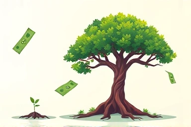 Seedling growing into a large tree, symbolizing financial growth and compound interest.